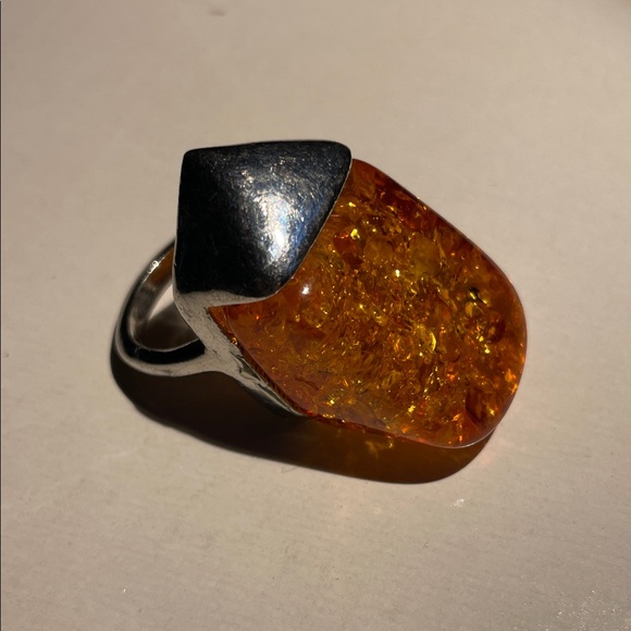 Sterling Silver Amber Statement Ring - Orange